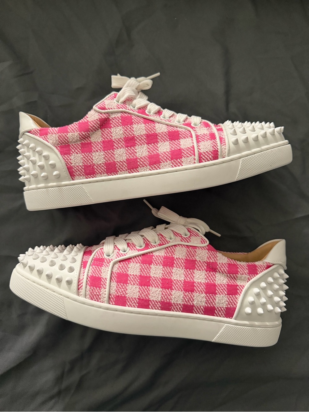 Christian Louboutin White & Pink Plaid Spikes Low Top Size 41EU/8M
